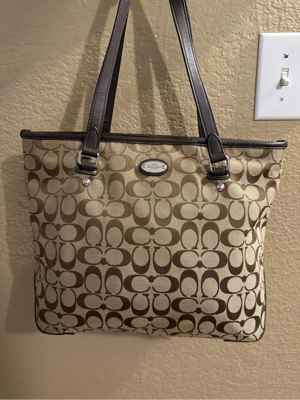 Coach Canvas Signature Tote in Khaki and Brown